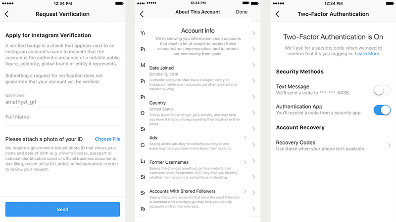 Menus for verification application, account info, and two-factor authentication via an app